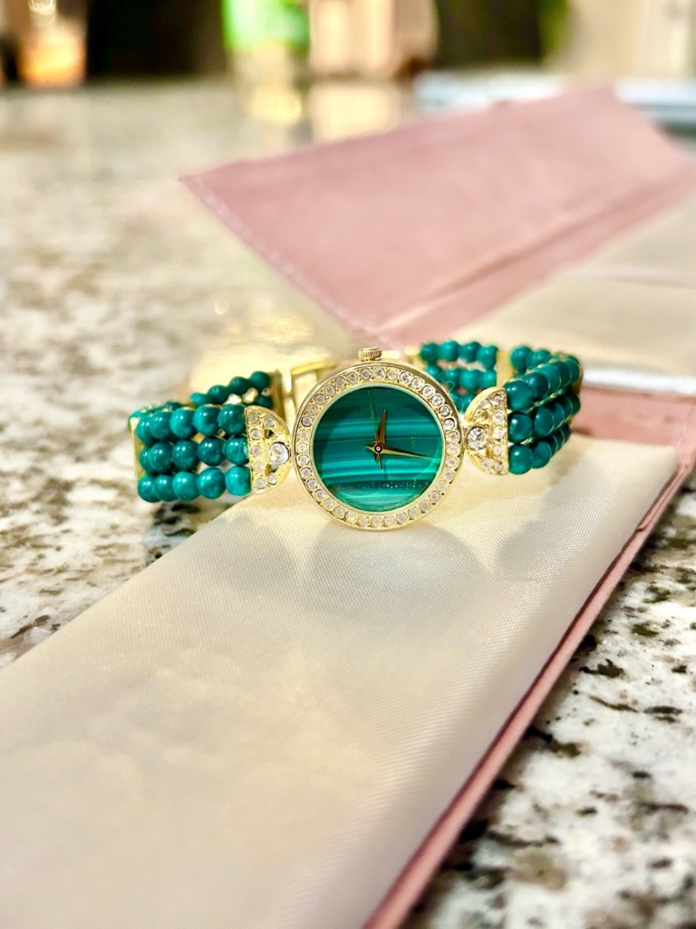 Green Malachite Beaded Bracelet Watch with Gold & Crystal Accents